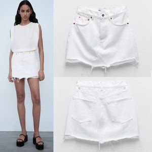 NEW Zara White Distress Ripped Denim Mini Skirt M